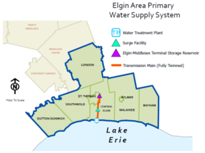 This graphic is a map showing the existing service area for the water supply system including various member communities.